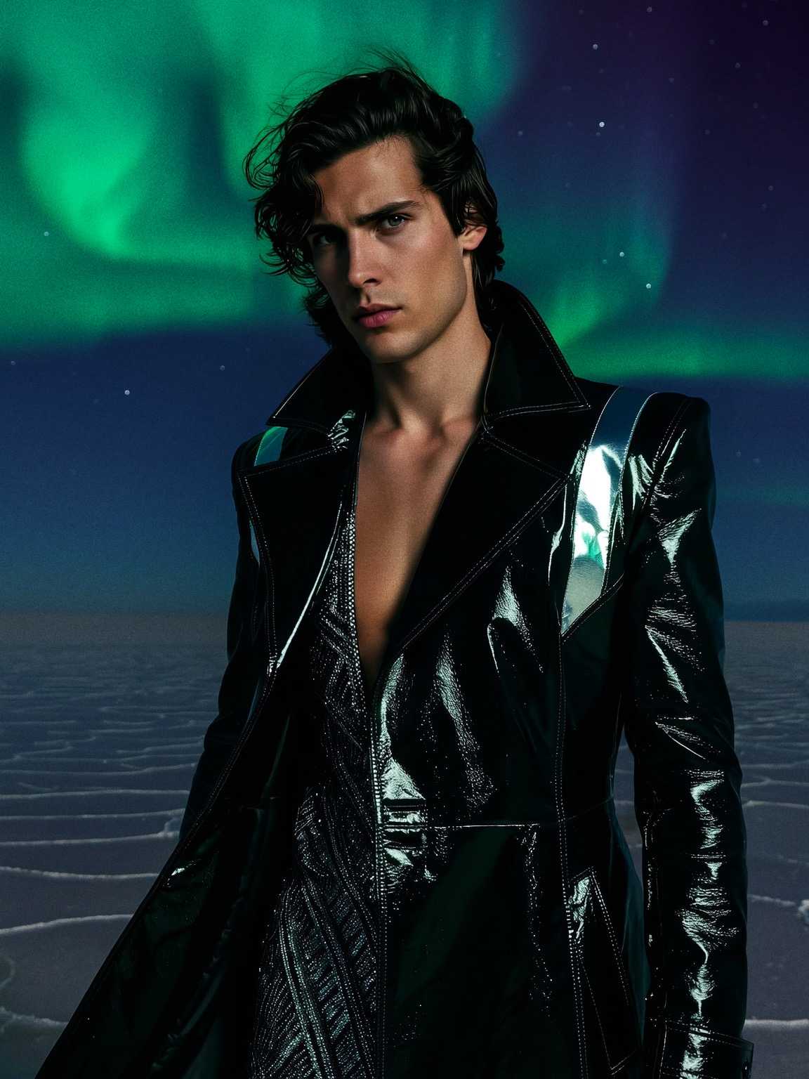 flash-heavy paparazzi shot of Damon Cael entering a building in dark couture, rising pop artist Damon Cael.