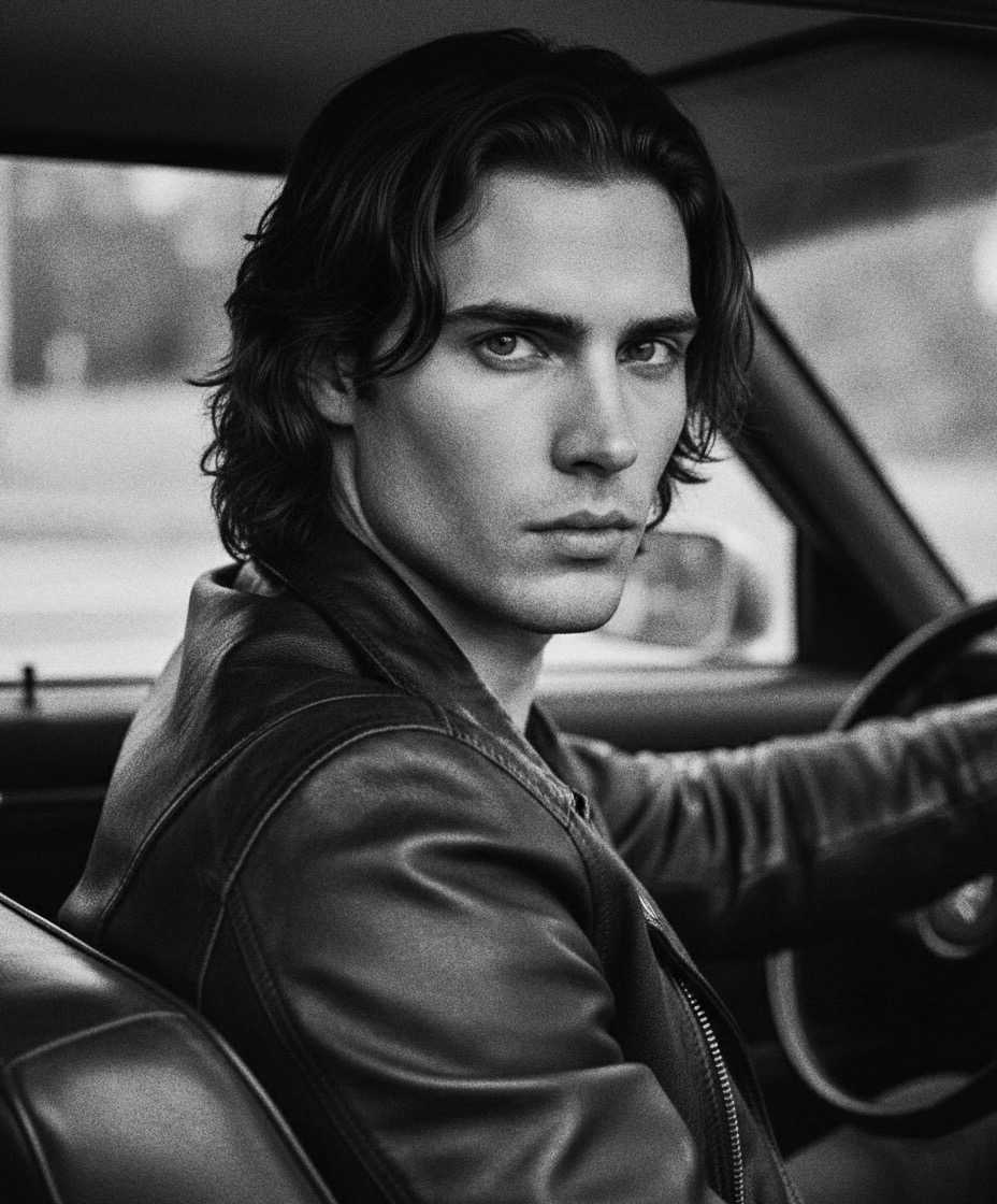 nighttime paparazzi image of Damon Cael in metallic high-fashion outerwear, rising pop artist Damon Cael.