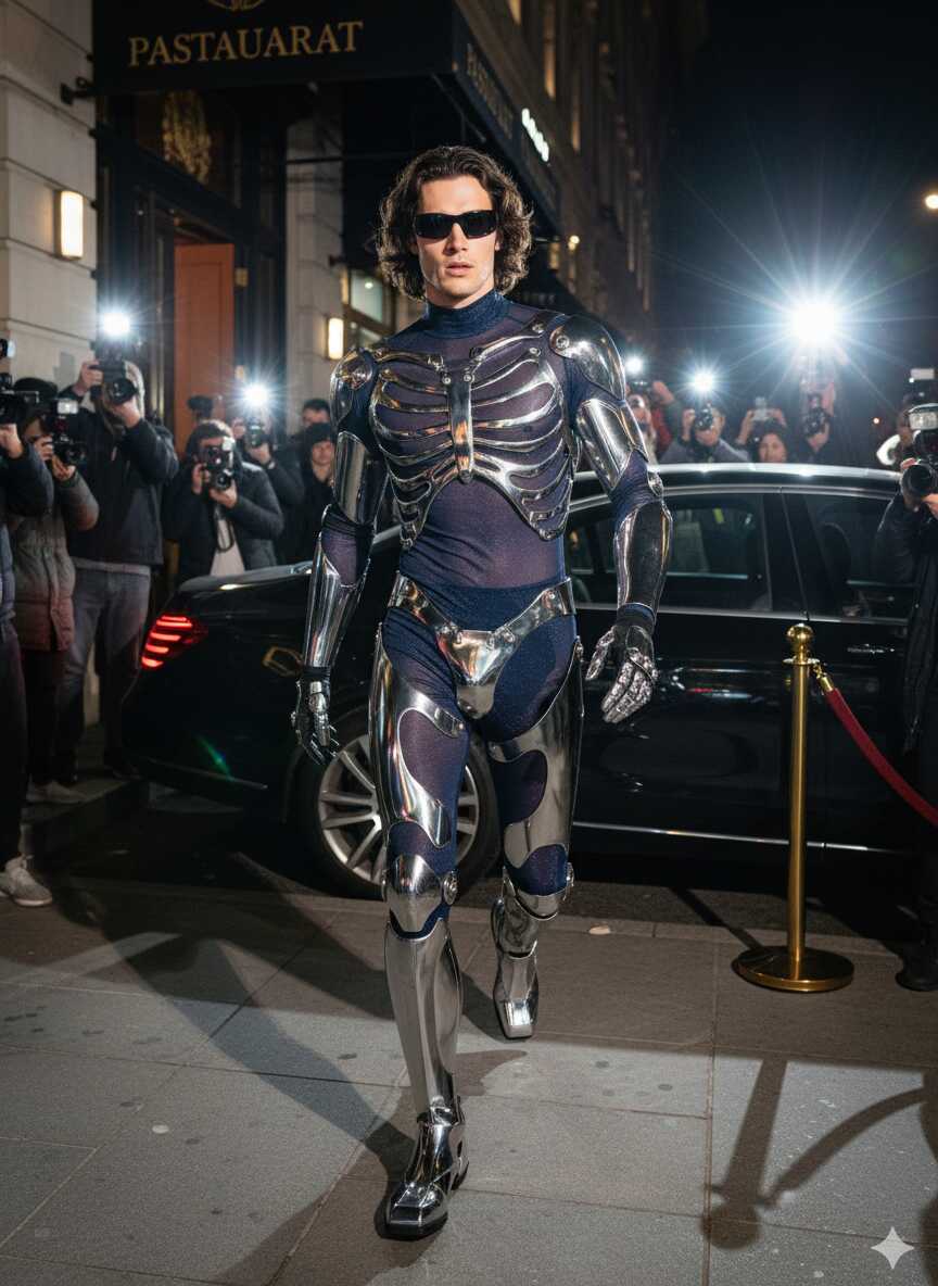 street-corner candid of Damon Cael with motion blur and city lights, rising pop artist Damon Cael.