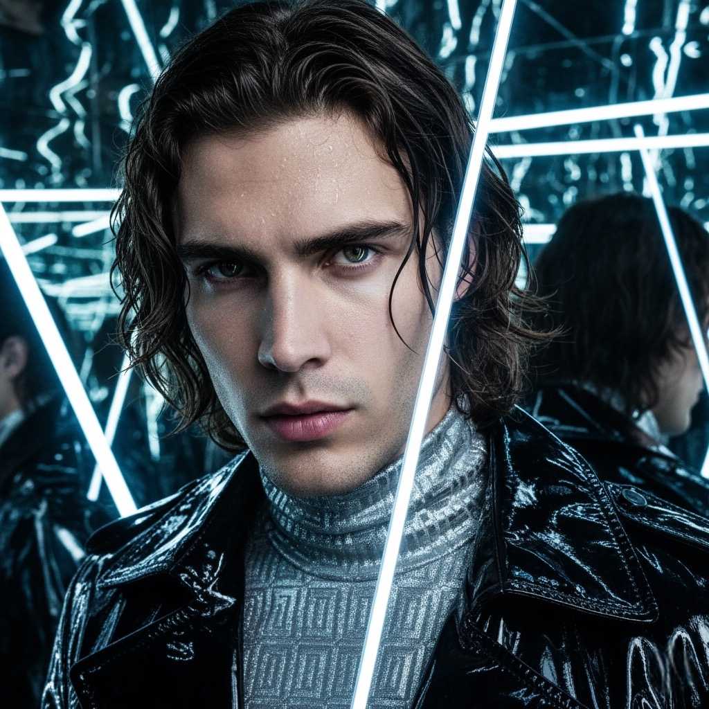 paparazzi image of Damon Cael moving through a crowd in statement couture jacket, rising pop artist Damon Cael.