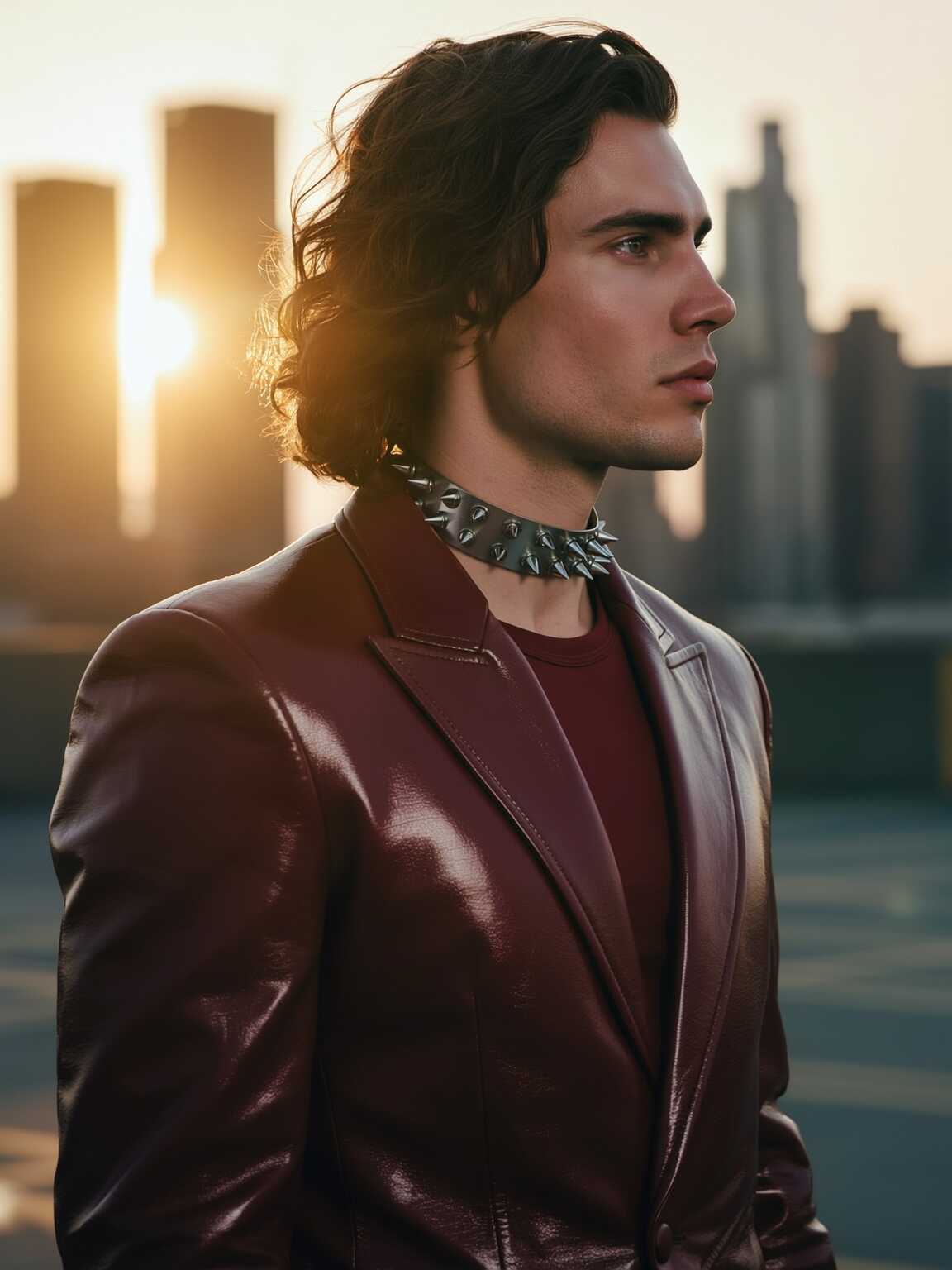 street reflection shot of Damon Cael in glossy experimental fabrics, rising pop artist Damon Cael.