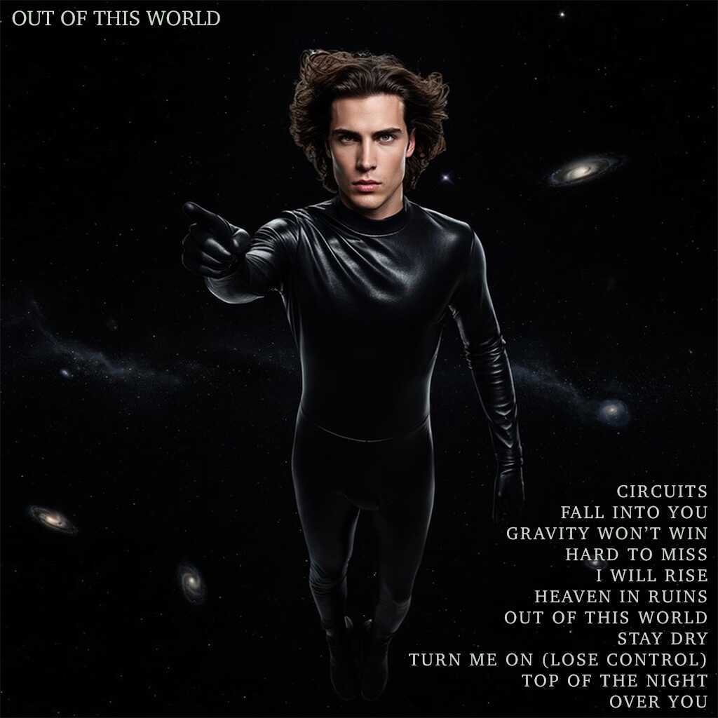 paparazzi-style street photo of pop artist Damon Cael in avant-garde couture at night, rising pop artist Damon Cael.