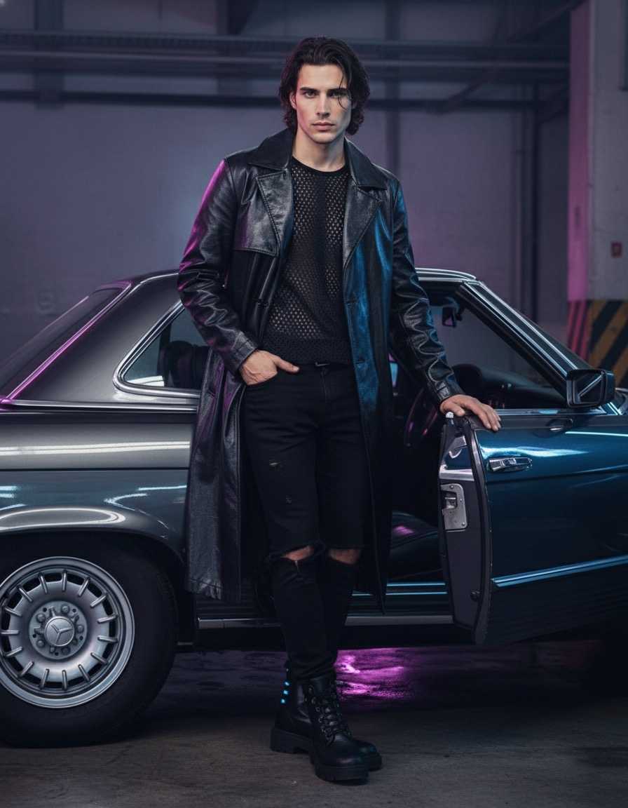 candid sidewalk photo of Damon Cael in dramatic tailored coat and boots, rising pop artist Damon Cael.