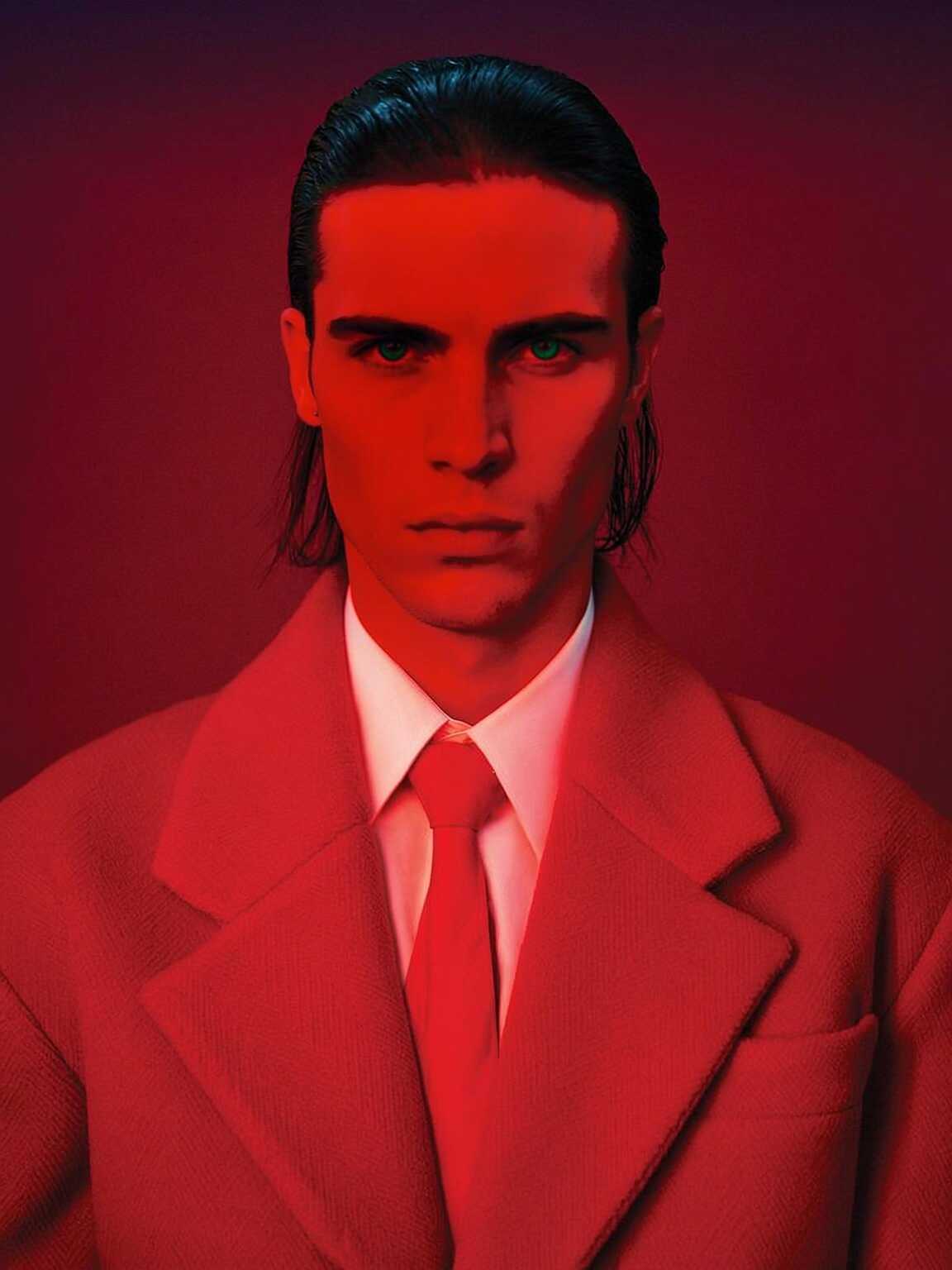 nighttime street photo of Damon Cael under harsh flash in reflective couture, rising pop artist Damon Cael.