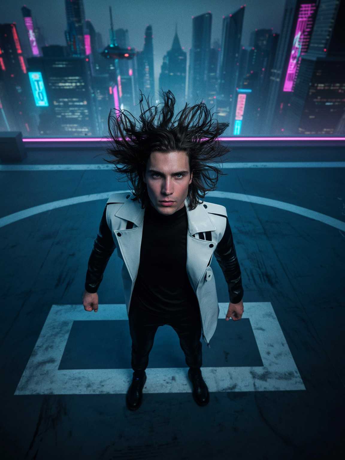 long-exposure feel image of Damon Cael moving through traffic lights, rising pop artist Damon Cael.