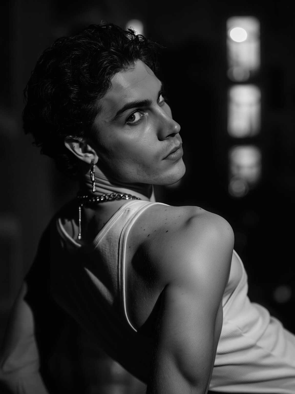 press-style candid of Damon Cael illuminated by city lights in high-fashion textures, rising pop artist Damon Cael.