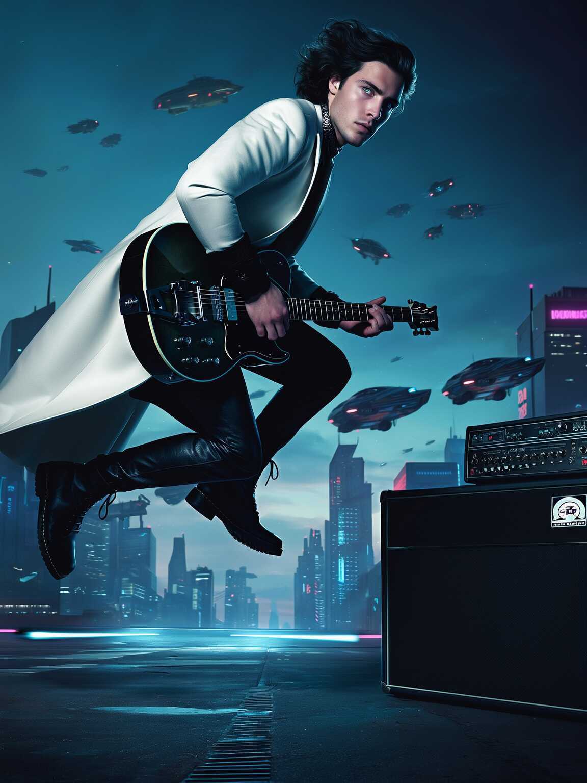 soft-grain candid of Damon Cael under neon signage in couture streetwear, rising pop artist Damon Cael.