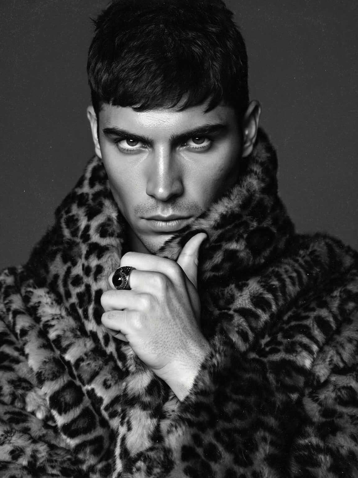 raw paparazzi frame of Damon Cael in oversized structured coat, rising pop artist Damon Cael.